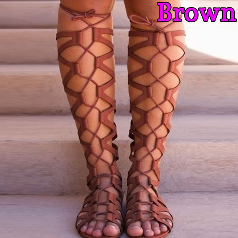 xakxx Fashion Rome Shies Women Sandals Thong Bandage Bohemian Beach Shoes Summer Knee High Flat Shoes Plus Size Sandals