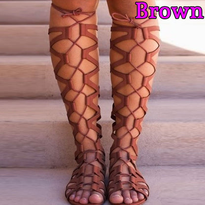 xakxx Fashion Rome Shies Women Sandals Thong Bandage Bohemian Beach Shoes Summer Knee High Flat Shoes Plus Size Sandals