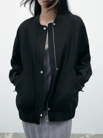 xakxx - New Women's Casual Vibrant Temperament Fashion with Flap Front Pockets Black Long Bomber Jacket Outerwear