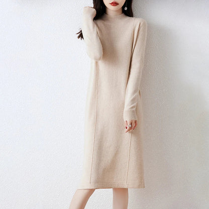 xakxx xakxx-Cashmere sweater women's 100 pure wool long semi-turtle neck skirt autumn and winter loose sweater dress