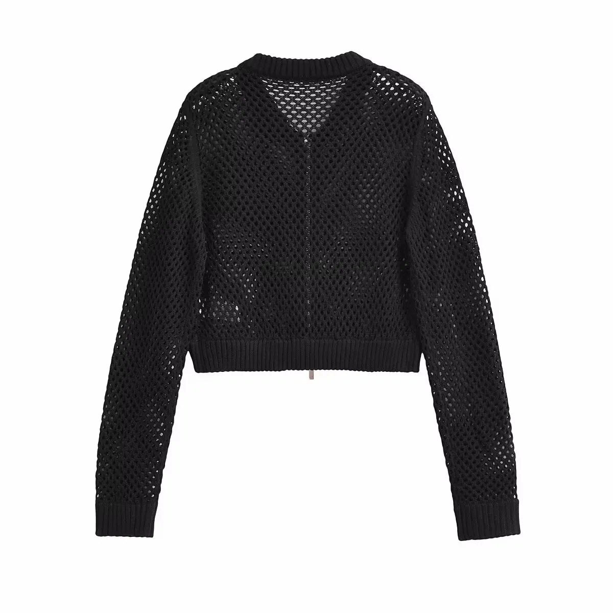 xakxx- New women's clothing temperament fashion versatile stand collar long sleeve hollow knit short bomber jacket