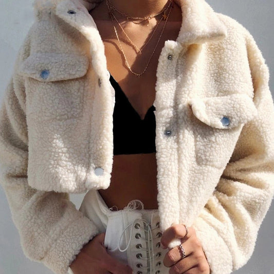 xakxx Thanksgiving Autumn Winter Short Coats And Jackets Solid Color Long Sleeve Casual Outerwear Woman Button Turn-Down Jackets Female
