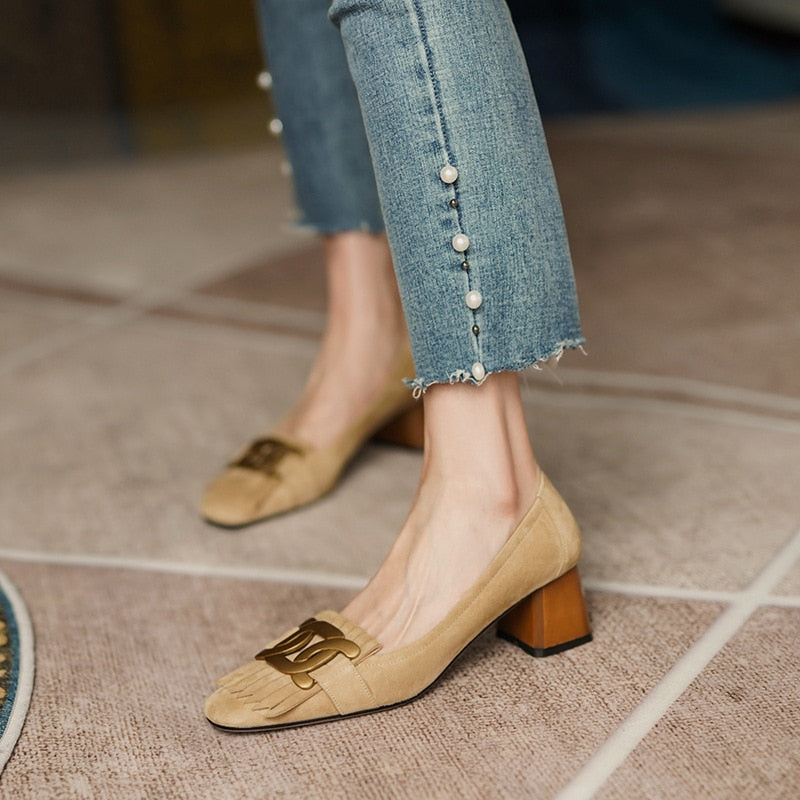 xakxx Fall Outfit French Retro Metal Ladies Shoes Spring Buckle Square Head Women's Single Shoes Classic Thick Heels Soft Leather Female Pumps