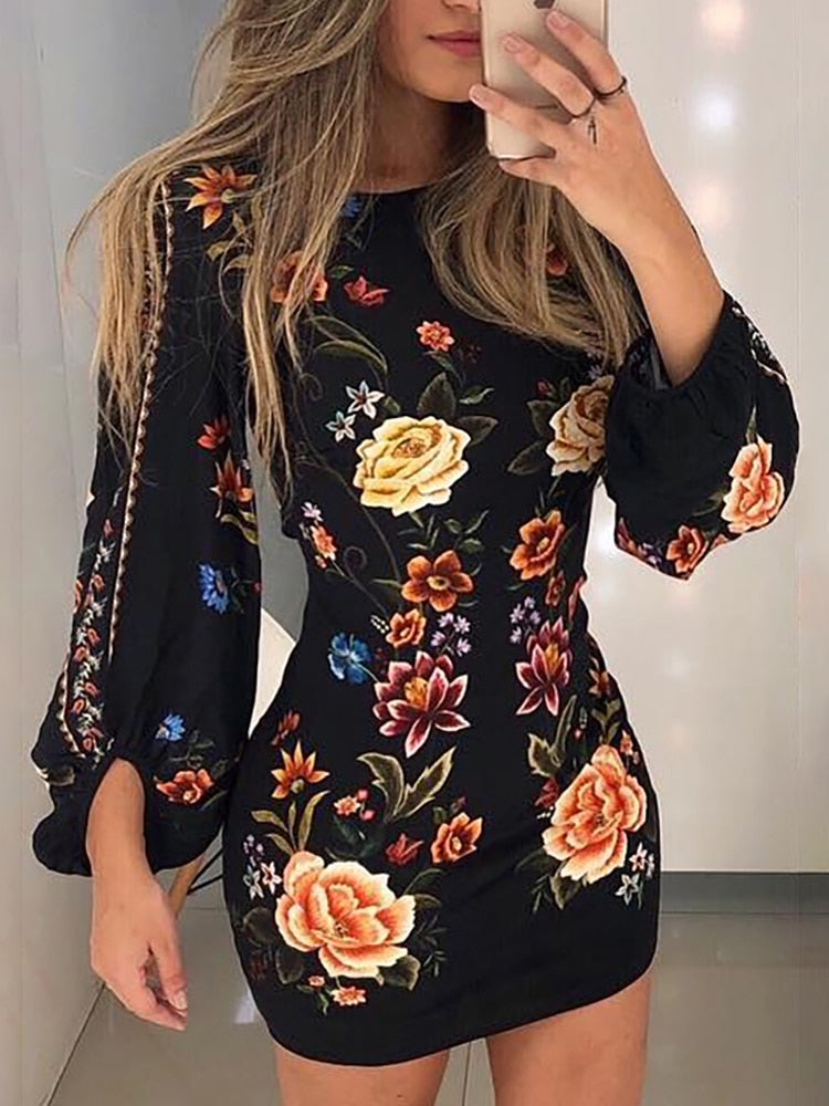 xakxx Back to School Elegant Fashion Women Slim Fit Leisure Casual Bodycon Mini Dress Female Cutout Back Bishop Sleeve Floral Dress