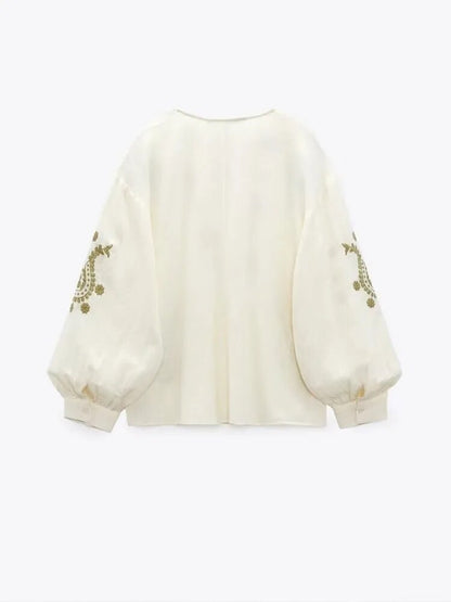 xakxx xakxx - New women's embroidered cotton shirt V-neck long-sleeve cuffs pleated design contrast embroidery decoration