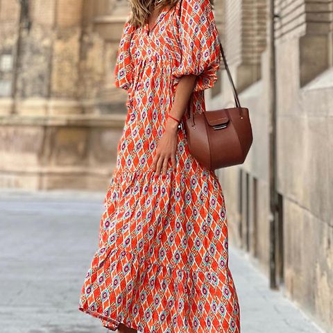 xakxx Boho Maxi Dress Women Floral Print Summer Holiday Beach Dress Female Short Puff Sleeve Loose Sundress Green Vestidos Mujer