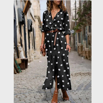 xakxx- Classic Polka Dot Dress Women Polo Neck Long Sleeve Buttons Dresses Office Lady Casual Dot H Feminino Vestidos Robes