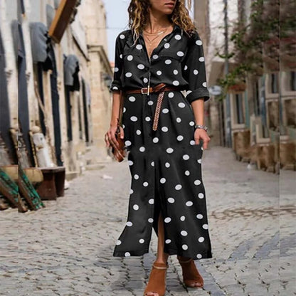 xakxx- Classic Polka Dot Dress Women Polo Neck Long Sleeve Buttons Dresses Office Lady Casual Dot H Feminino Vestidos Robes