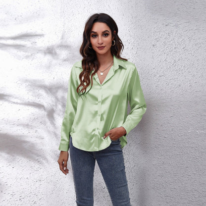 xakxx Spring White Blouses Vintage Women Elegant Top  Casual Shirt Oversize Satin Silk Loose Shirts Long Sleeves Clothing