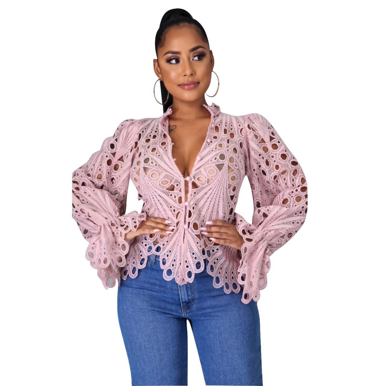 xakxx Women White Lace V Neck Hollow Out T-Shirts Long Sleeve Blouse Eyelet Embroidery Button Front Bell Sleeve Tops