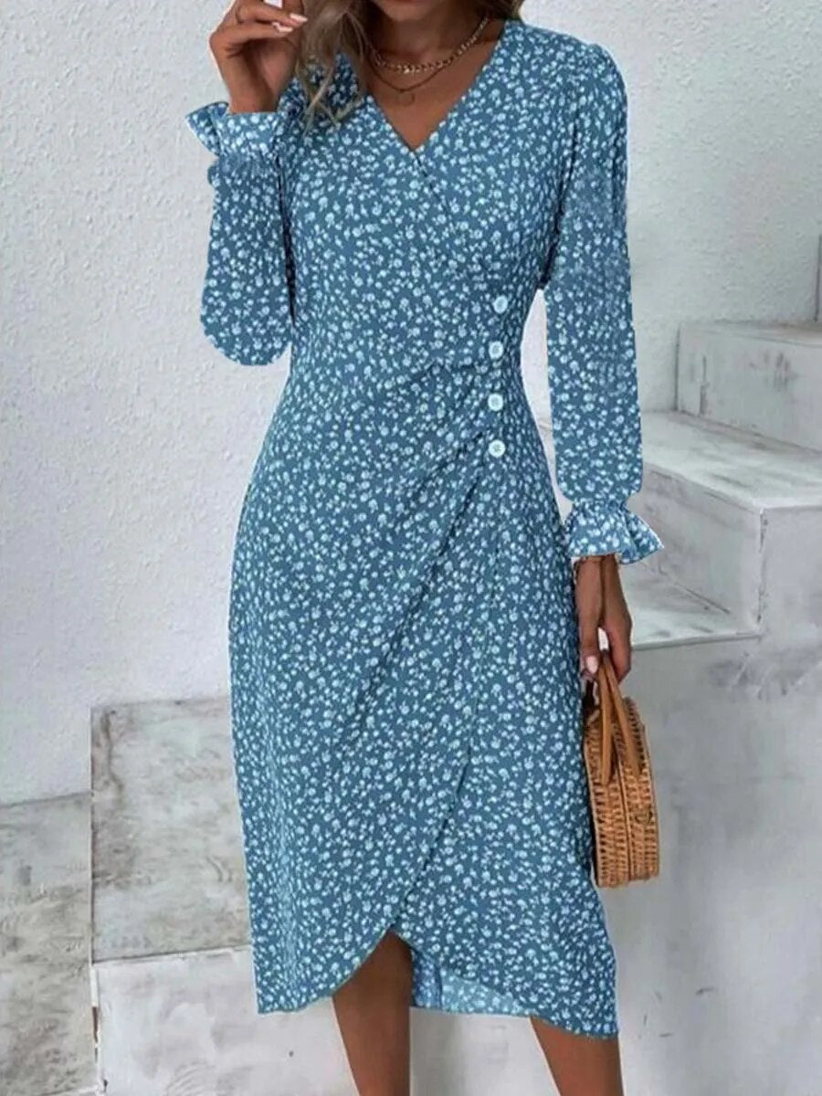 xakxx-  Autumn Floral Bodycon Midi Dress For Women V Neck Long Sleeve Ruched Slim Fit Dresses Female Sexy Vestido Robe