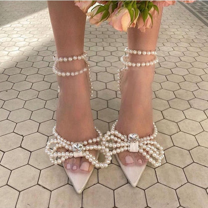 xakxx New Rhinestone Butterfly-Knot Sandals Woman Wedding Pumps High Heel Sandals Women Pearl Pearl Diamond High Heels Party Shoes