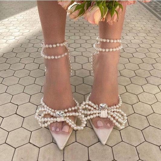 xakxx New Rhinestone Butterfly-Knot Sandals Woman Wedding Pumps High Heel Sandals Women Pearl Pearl Diamond High Heels Party Shoes