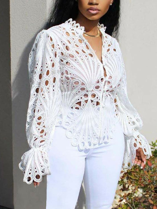xakxx Women Sexy Hollow-Out Blouses Shirts Top Night Club Style Bell Sleeve Long Sleeve Blouse