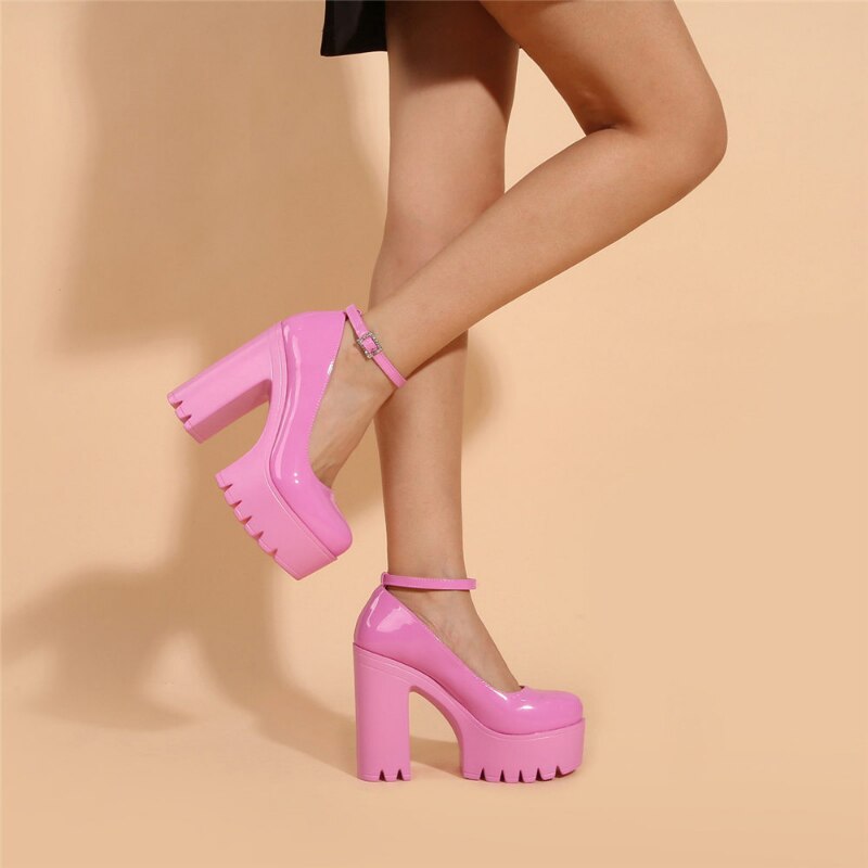 xakxx  New Women's High Heel Summer Shoes Thick Heel Ankle Strap Sexy Fashion Sweet Pink Fashion Square Heel Large Heel Shoes