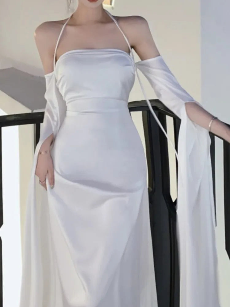 xakxx Fashion Women Casual Elegant Party White Dress Halter Vintage A-Line Prom Wedding Robe Female Outerwear Vestidos Clothes New