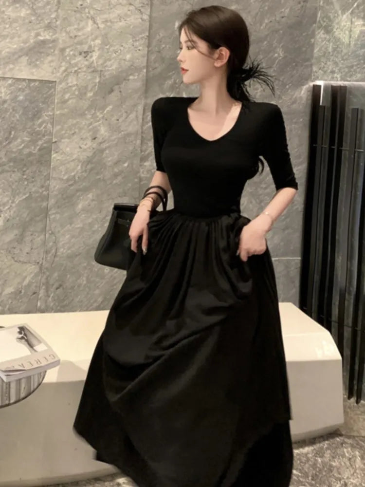 xakxx  Vintage Long Sleeve Midi Dress Fashion New Patchwork A-line Casual Female Clothes Vintage V-neck Slim Waist One Pieces Robe