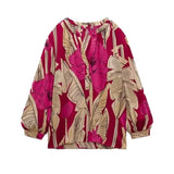 xakxx - New Women's Round Neck Shirt V-Neck Long Sleeve Front Breast Closed Print Midi Dress Flower Shirt Set