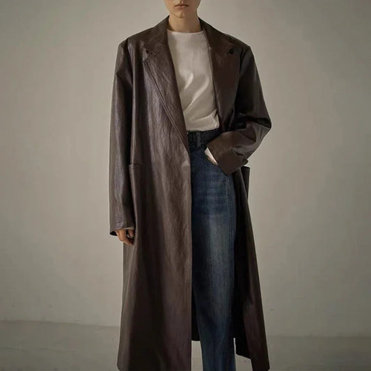 xakxx Woman Trench Coat Winter Female Clothing Belted Mid-Length Solid Color Loose Leather Jacket Coat