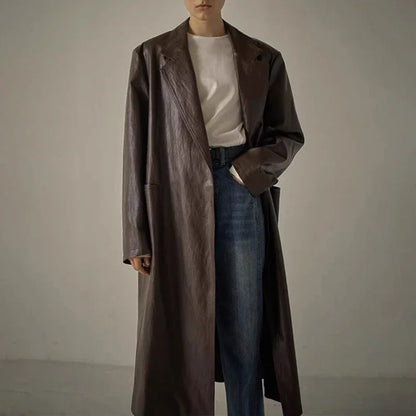 xakxx Woman Trench Coat Winter Female Clothing Belted Mid-Length Solid Color Loose Leather Jacket Coat