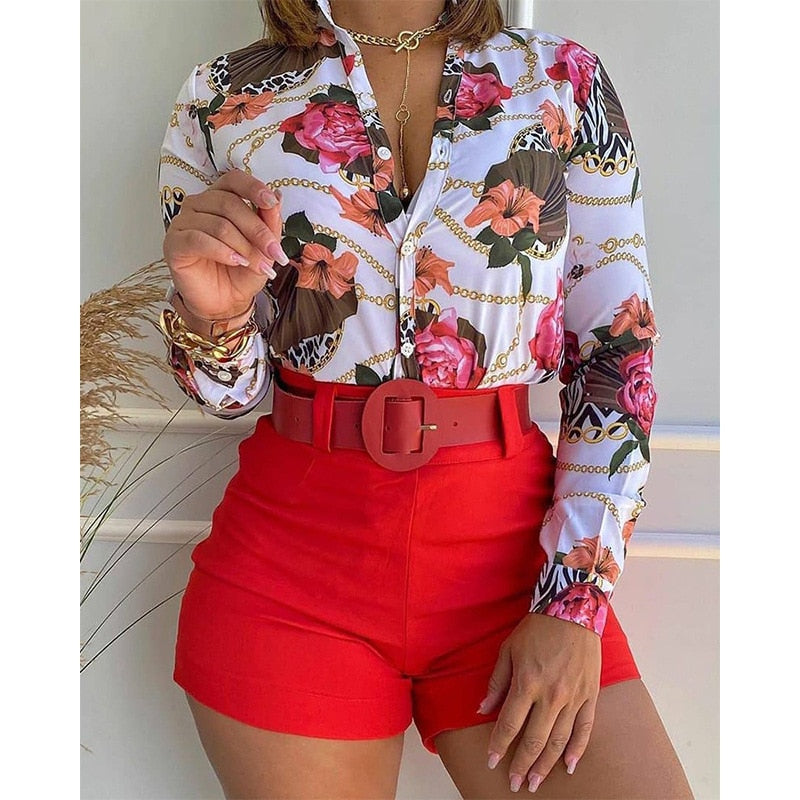 xakxx Women Long Sleeve Floral Printed Tie Knot Top Blouse And Shorts Sets Casual Spring Shirts Female