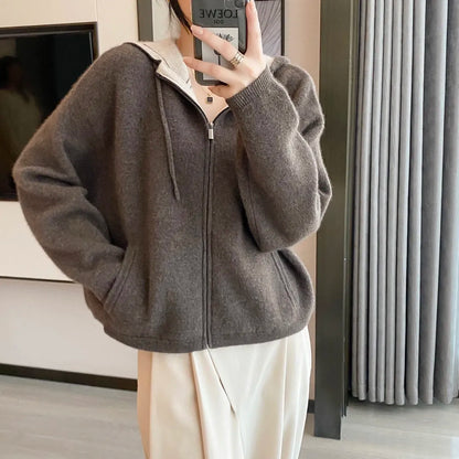 xakxx xakxx-Fall/winter new air cashmere cardigan women's loose padded knit hoodie contrast zipper sweater coat