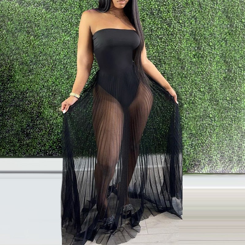 xakxx Fashion Women Mesh Maxi Dress Robes Beachwear Off Shoulder Leaf Print Tube See-Through Pleated Long Party Club Dress