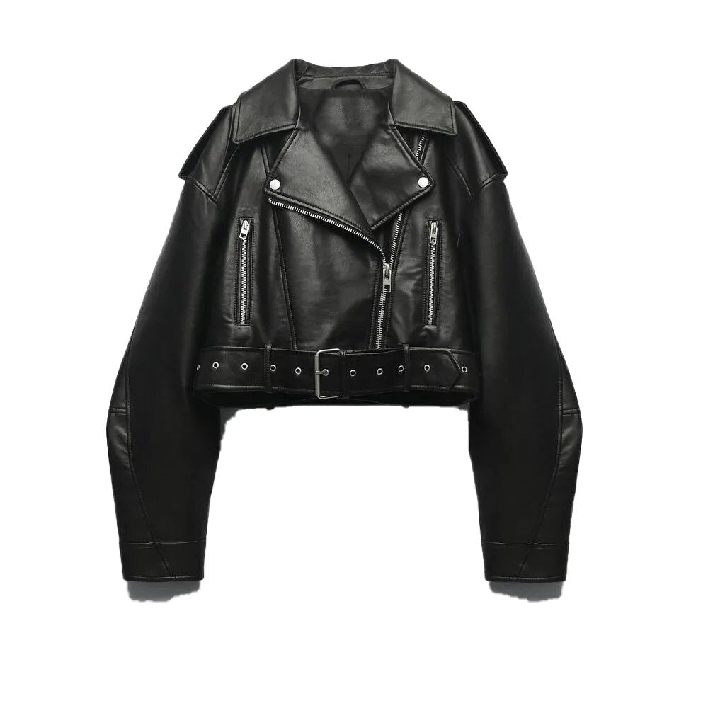 xakxx - New Women's  comes with a belt of the same material with a metal buckle and a front zippered closure faux leather jacket