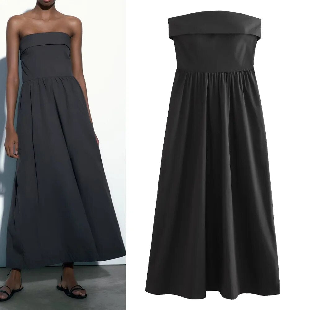 xakxx- New women's temperament fashion casual elegant honeycomb grid elastic design seam concealed zipper closure tube top midi dress