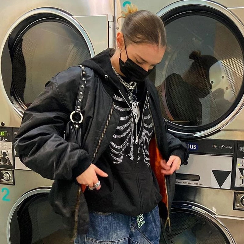 xakxx Y2K Rhinestone Skeleton Zip Up Hoodies Women Oversized Sweatshirts Winter Grunge Gothic Black Hooded Female Jackets Streetwear