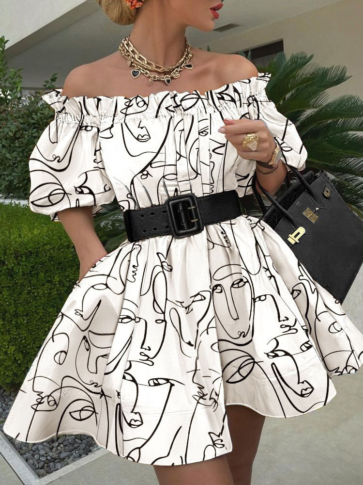 xakxx Women Sexy Off Shoulder Ruffle Belted Tunic Dress Elegant Lantern Sleeve Prom Dresses New Vintage Print Backless Mini Dress
