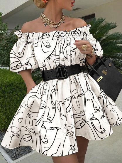 xakxx Women Sexy Off Shoulder Ruffle Belted Tunic Dress Elegant Lantern Sleeve Prom Dresses New Vintage Print Backless Mini Dress