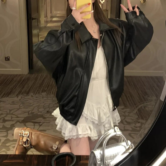 xakxx-Leather Black Coat Women  Autumn Vintage PU Loose Short Motorcycle Jacket Fashion Leather Coat For Women