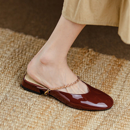 xakxx Outside Women's Muller Shoes Fashion Designe Middle Heel Ladies Sandals Classic Lersure Patent Leather Lazy Female Slipper