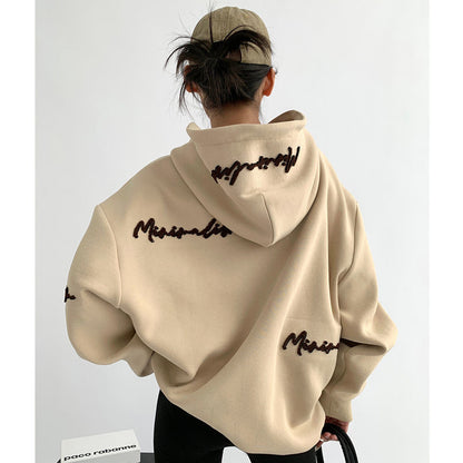 xakxx Vintage Gray Oversize Hoodies Women Harajuku Hip Hop Embroidery Loose Sweatshirts Long Sleeve Casual Tops Grunge Korean