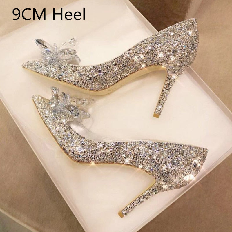 xakxx Newest  Cinderella Shoes Rhinestone High Heels Women Pumps Pointed Toe Woman Crystal Party Wedding Shoes 5Cm/7Cm/9Cm