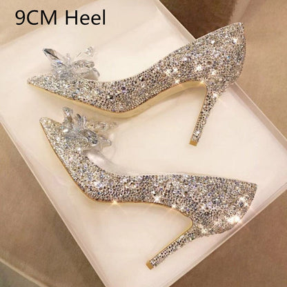 xakxx Newest  Cinderella Shoes Rhinestone High Heels Women Pumps Pointed Toe Woman Crystal Party Wedding Shoes 5Cm/7Cm/9Cm