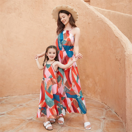 xakxx Woman Girls Long Dress Outfits  Bohemia Mother Daughter Dresses Family Look Sleeveless Mommy and Me Matching Clothes Fashion