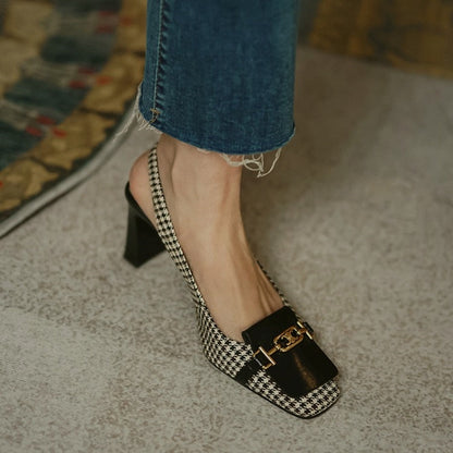 xakxx Retro Fashion Women's Shoes Thousand Bird Lattice Soft Leather Ladies Pumps Spring Square Toes Chunky Heels Female Shoes