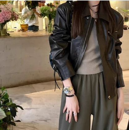 xakxx-Leather Short Coat Women  Autumn Vintage PU Loose Coffee Motorcycle Jacket Fashion Black Leather Coat For Women