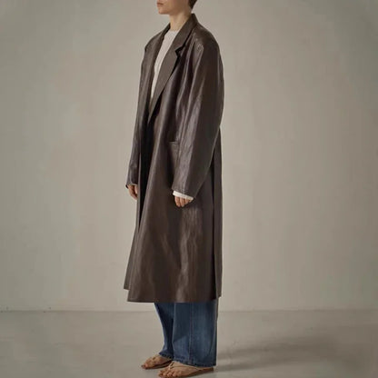 xakxx Woman Trench Coat Winter Female Clothing Belted Mid-Length Solid Color Loose Leather Jacket Coat