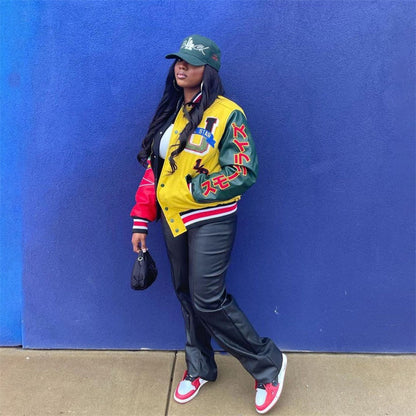 xakxx Autumn outfits Long Sleeve Tops Ladies Print Coat Varsity Jacket Women Yellow Streetwear Fall Winter Patchwork Jackets For Women