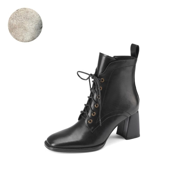 xakxx Black Friday  Fashion Women Shoes Square Toe High Heel Shoes For Women Black Leather Boots Women Lace Up Modern Boots Winter Women Boots