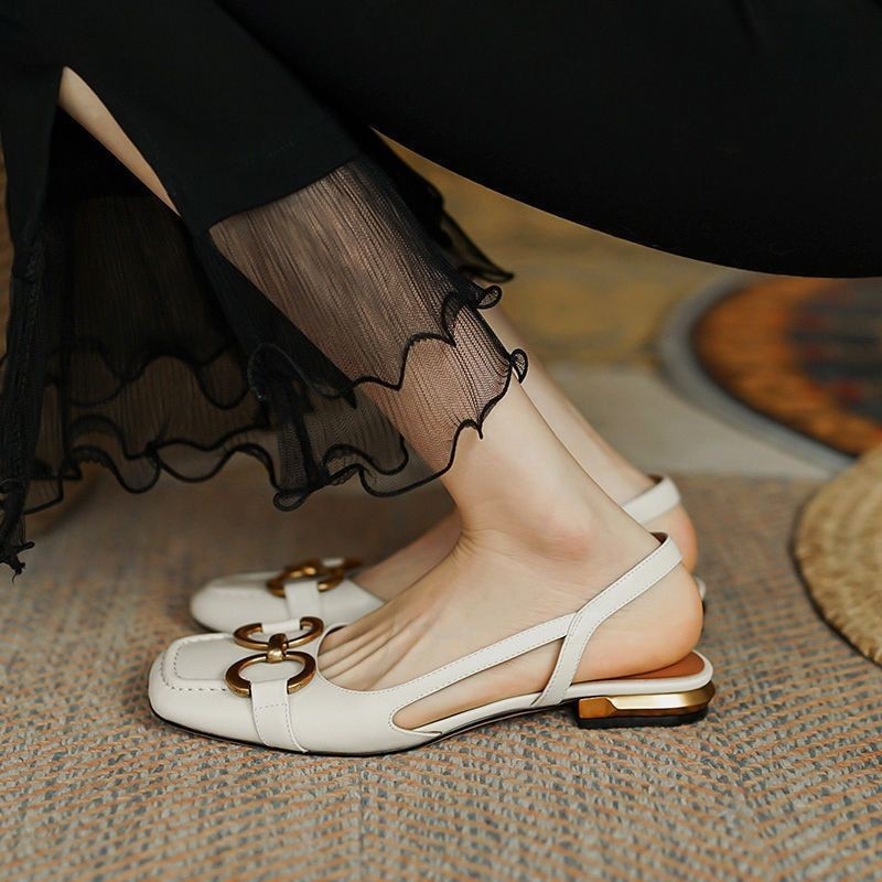 xakxx Autumn Women's Flats Solid Color Metal Decoration Ladies Sandals Square Toe Fashion Female Shoes Luxury Retro All-Match Pumps