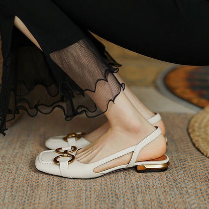 xakxx Autumn Women's Flats Solid Color Metal Decoration Ladies Sandals Square Toe Fashion Female Shoes Luxury Retro All-Match Pumps