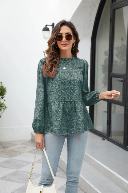 xakxx- vintage Floral Printed A-Line Blouse Women Round Neck Long Sleeve T Shirt OL Spring Autumn Fashion Tops