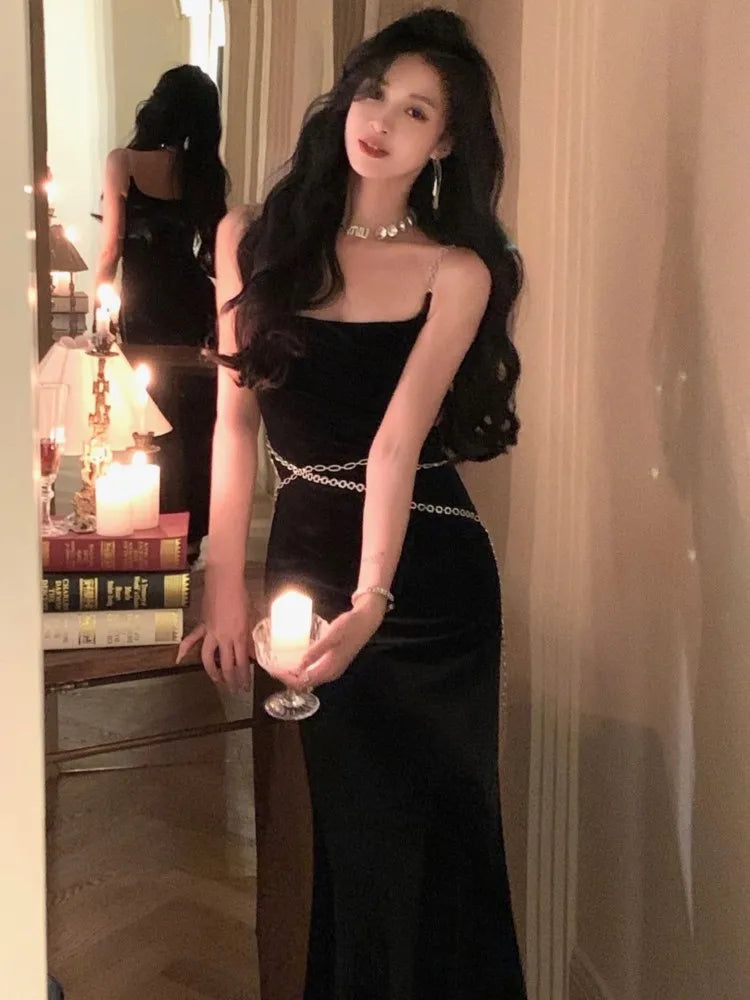 xakxx Sexy Black Women Strap Mermaid Dress  Fashion New Chain Female Elegant Maxi Dresses French Slim Waist  Velvet Vestidos Robe