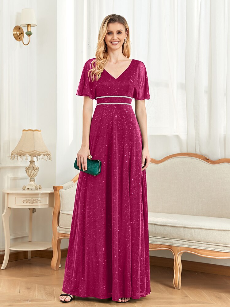 xakxx Elegant Evening Dresses Floor Lenght V-Neck Green Chiffon Split Short Sleeves Bridesmaid Party Long Wome Prom Dress