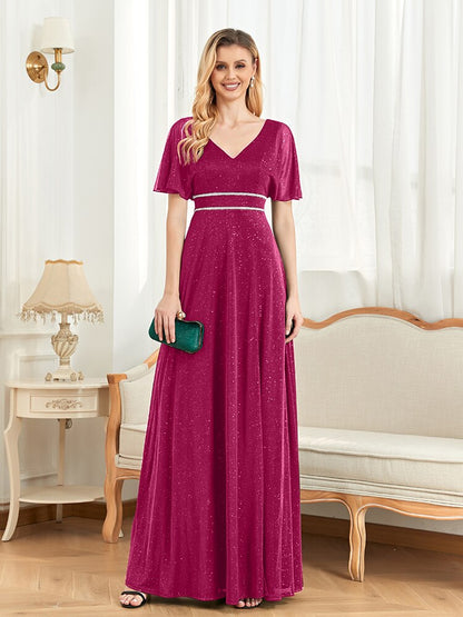 xakxx Elegant Evening Dresses Floor Lenght V-Neck Green Chiffon Split Short Sleeves Bridesmaid Party Long Wome Prom Dress