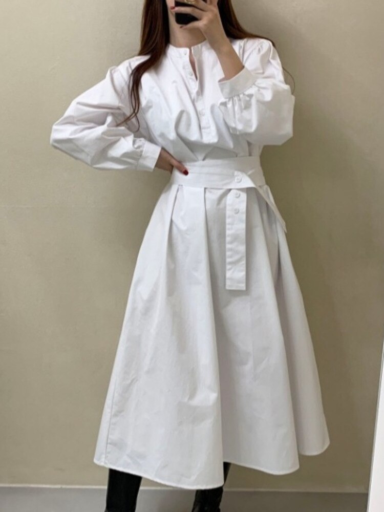xakxx Elegant Women Stand Bandage Shirt Dress Lantern Sleeve Slim Waist Fashion White Dresses  Autumn New Tide Vestido U1452
